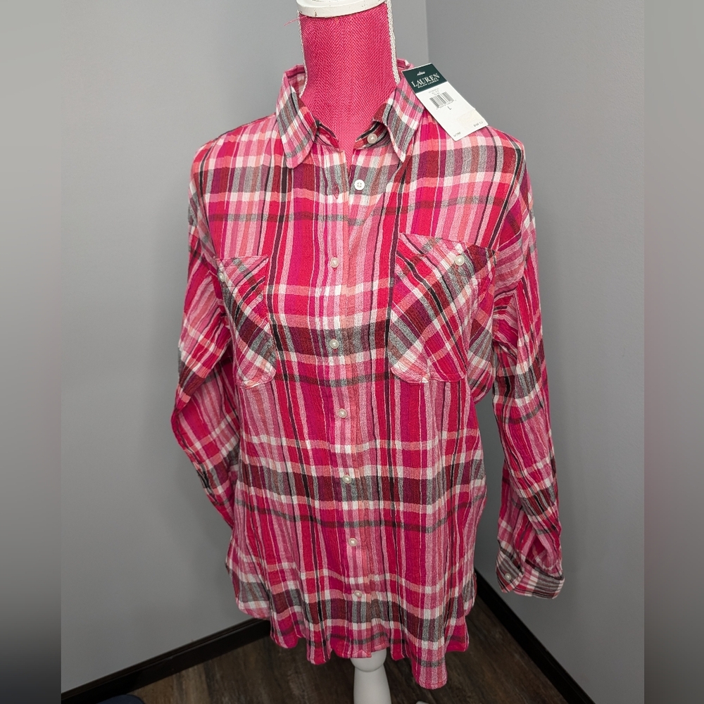 Lauren Ralph Lauren Women's Pink Plaid Button Front Cotton Casual NWT Large